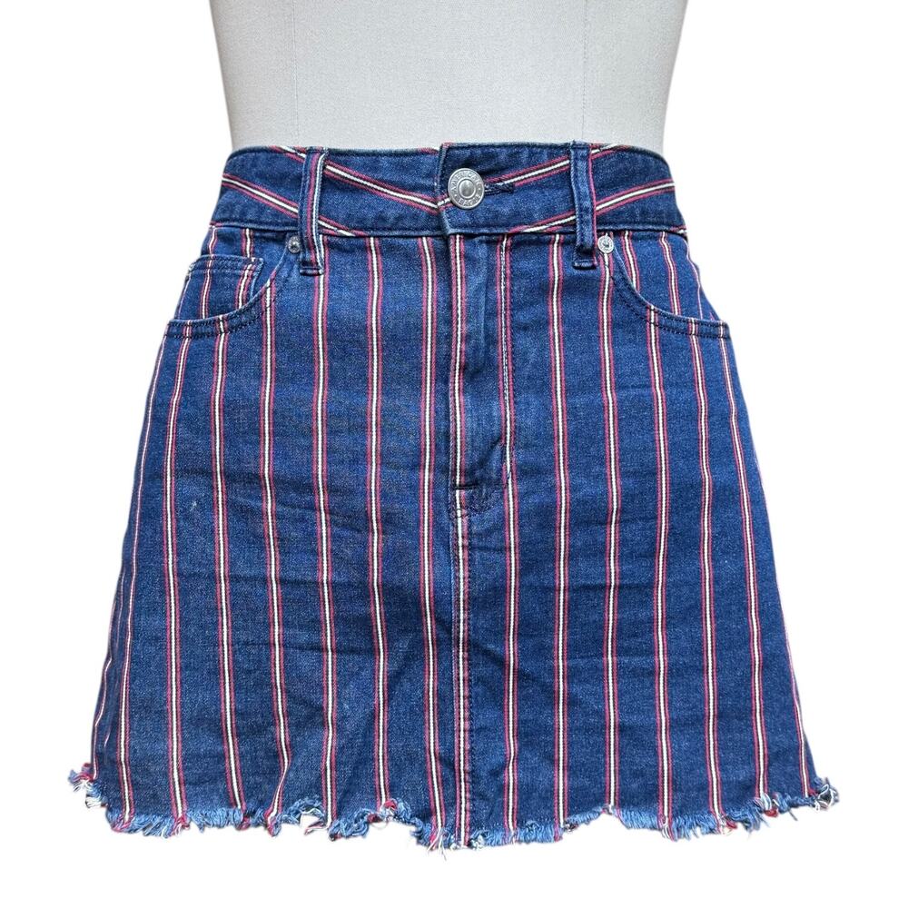 American Eagle Super Stretch Hi-Rise Mini Denim Jean Skirt Blue Red Stripe 6
